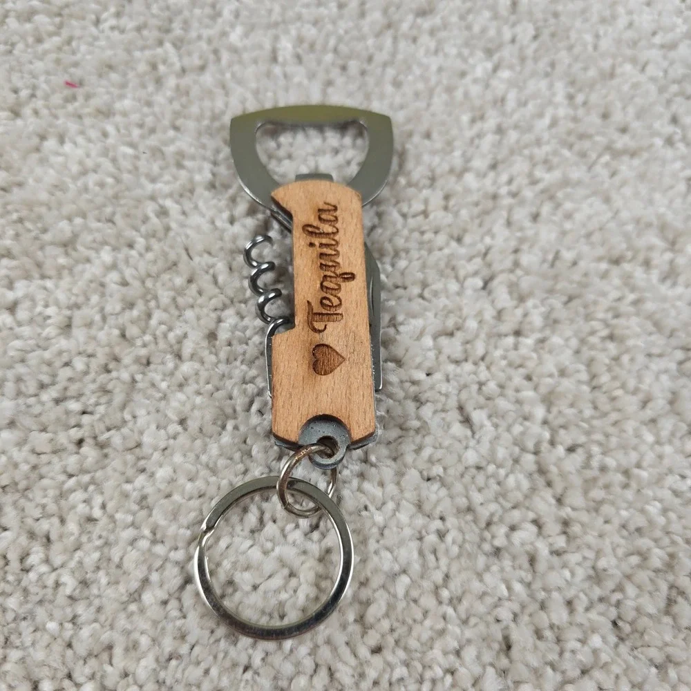 Unbranded Wine Opener Keychain Brown Wood Engraved Tequila‎ Heart Multi-Tool